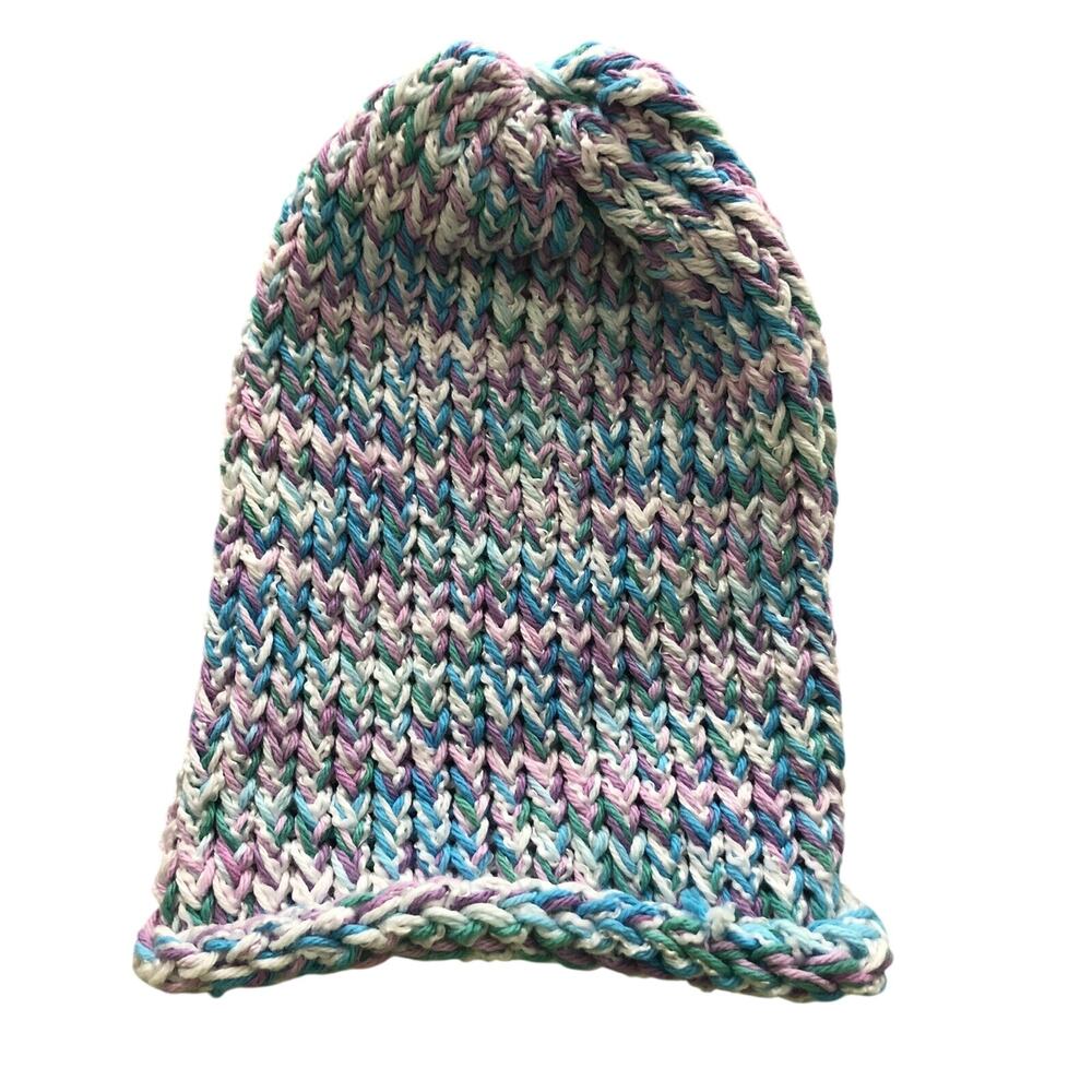 Beautiful Handmade Beanie Sock Hat Chunky Pastel Purple White Blue White Green